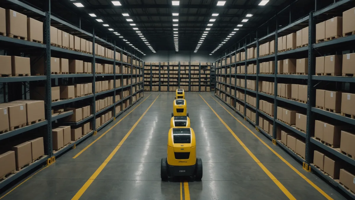 Multiple robot paths in warehouse top-down abstract view