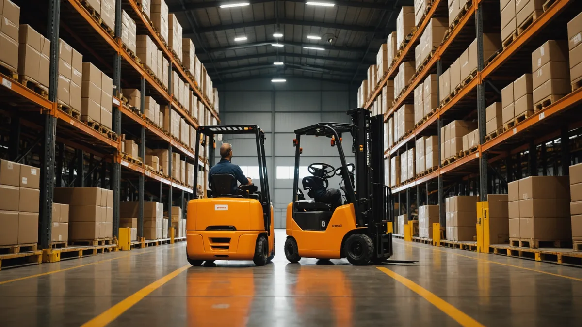 Forklift reversing in warehouse aisle with safety warning lights active, motion blur