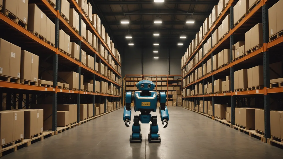 Autonomous mobile robot stopped in a warehouse aisle blocked by a misplaced pallet